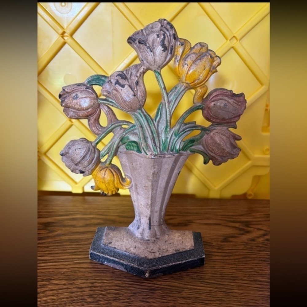 Antique Hubley Cast Iron Tulip Doorstop #443 Hand Painted Vintage Home Decor